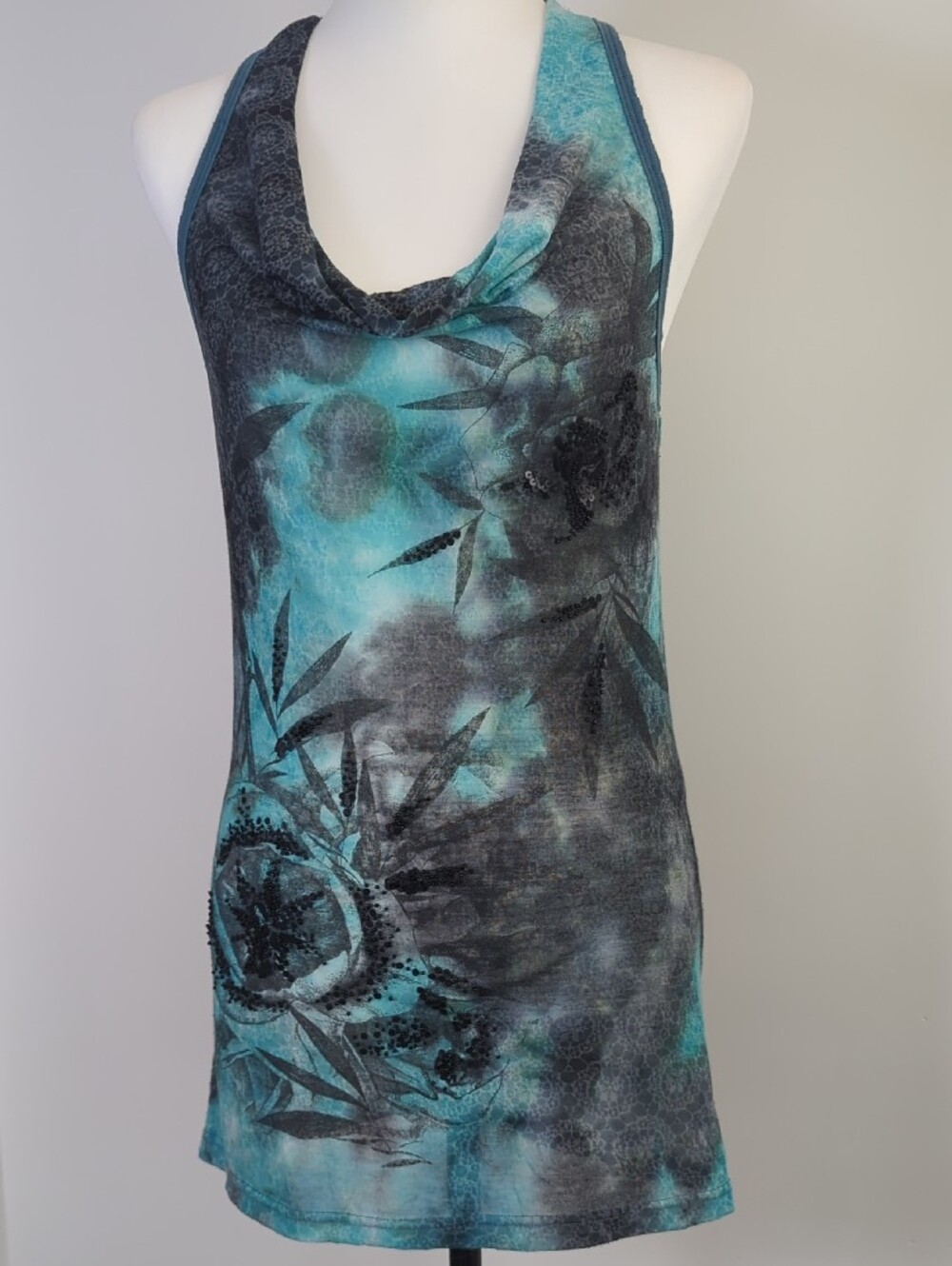 Vintage MM Unplugged by Miss Me Cowl Neck Halter Top Beaded Teal Y2K LARGE